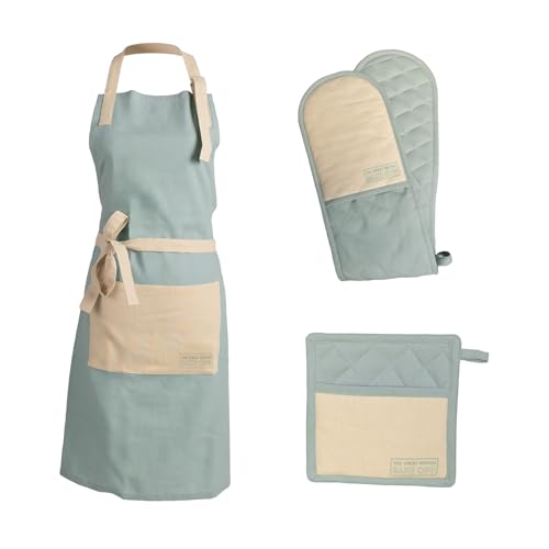 The Great British Bake Off Cotton Textiles Kitchen Set, Oven Gloves & Chef Apron, Heat Resistent Pot Holder Cooking Gloves, Official GBBO Logo, Duck Egg Blue, One Size.