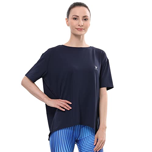 ALPHA CAMP Haut d'été à manches courtes pour femme, séchage rapide, col bateau, pour yoga, course à pied, gym, chemisiers, bleu marine, Taille L Cover