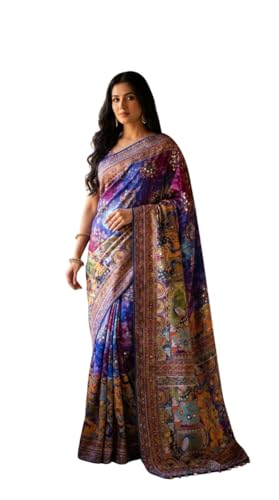 Image of Ajrakh Sarees for Women Roman Silk Ajrakh Print Saree for Woman with Mirror Work Border Pallu & Kodi Latkan with Blouse Piece Designer Ethnic Wear