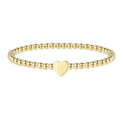 Image of Heart Initial Bracelets for Women Girls - 14K Gold Plated Letter Initial Bracelet Beaded Heart Bracelets for Women Trendy Kids Teen Girl Gifts Trendy Stuff Gold Jewelry