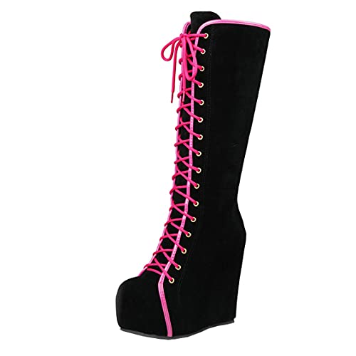BEAUPAS Women's Goth Knee High Boots Wedge High Heel Platform Lace Up Boots Round Toe Zipper Shoes