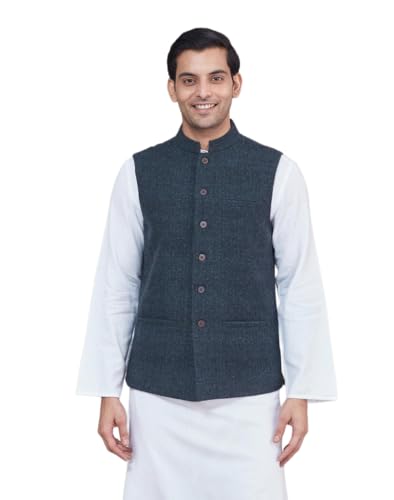 Veste en laine tricotée haut de gamme Fabindia col Nehru bleu taille L