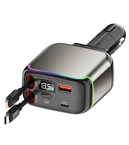 XXZU 137W Cargador Coche Carga Rapida, 4 en 1 Cargador Mechero Coche con 2 Cables Retráctiles, Adaptador para Coche de 12V/24V con 2 Puertos de Carga, Indicador de Voltaje para iPhone/Android/iPad