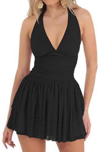 LCNBA Women's Halter V Neck Ruffled Hem Mesh Dress Ruched Flowy Mini Dress2