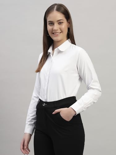 Image of Women Regular Fit Solid Spread Collar Full Sleeve Solid Cotton White Formal Shirt