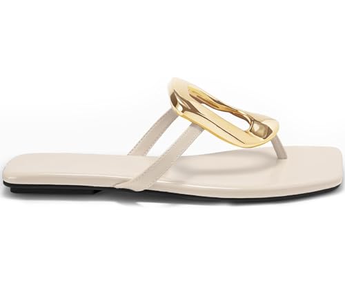 Womens Summer Square Toe Flip Flops Flat Sandals Slip On Shoes Slide Sandals with Gold Metal Decoration Dressy 20252