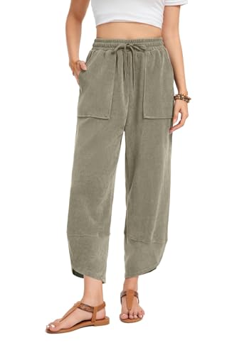Image of Timuspo Palazzo Harem Trousers for Women UK Baggy Breathable Sweatpants Casual Elastic Waist Pants with Pockets Green XL