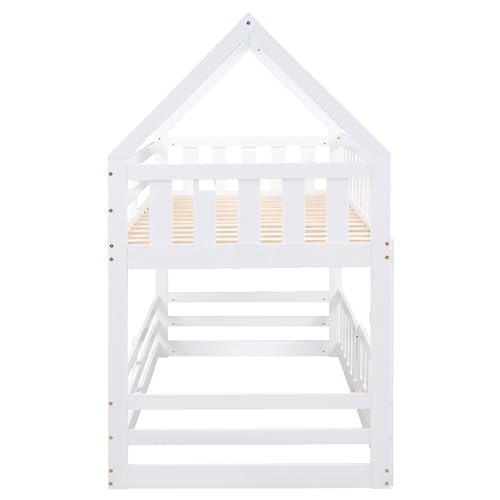 Merax House Bunk Bed Twin Over Twin, Modern Wood Floor Bunk Bed with Fence and Door, for Boys Girls Teens, White by Merax - Used condition - Image 5