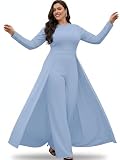 KOH KOH Womens Long Sleeve Pant Suit One Piece Cape Stretchy Elegant Pockets Dressy Party Pantsuit Outfit Overall Romper Work Office Jumpsuit Jumpsuits, Sky Light Blue L 12-14