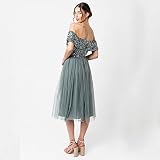 Maya Deluxe Damska sukienka Bardot zdobiona Midi dla druhny, Misty Green, 10
