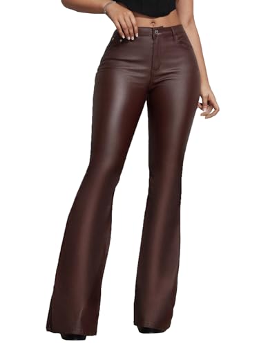 Lover Premium Women's Faux Leather Coated Flare Pants Mid Waist PU Skinny Black Leggings Bell Bottom Pants with Pockets