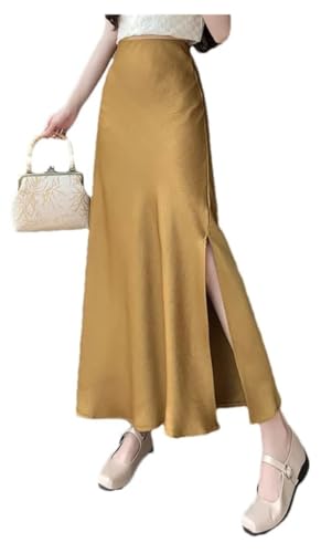 Women Vintage Satin Long Split High Waist Solid A-Line Skirt