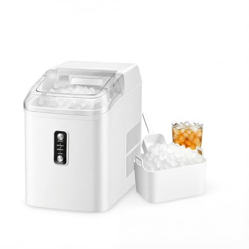 KMFurnila Nugget Ice Maker Countertop, Portable Ice Makers Machine with Removable Basket and Scoop, Self-Cleaning, Quiet, 6-Min Ready, 24lbs in 24Hrs, Visible, for Home, Party, RV, Camping, White