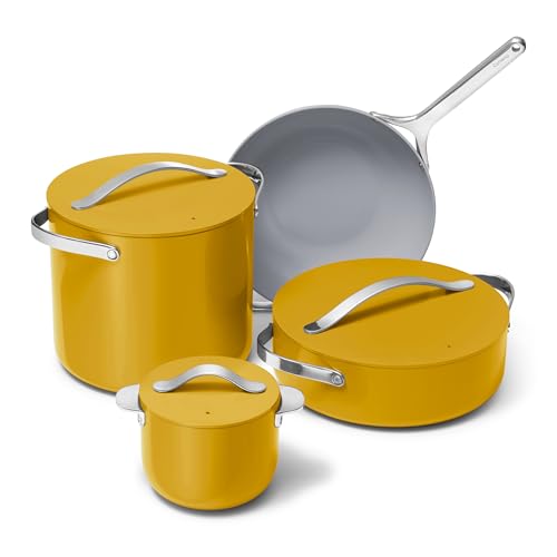 Caraway Cookware+ Collection - Specialty Cookware Set - Petite Cooker, Stir Fry Pan, Rondeau, & Stock Pot - 3 Lids & Storage Organizer Included - Marigold Caraway Cookware+ Collection - Specialty Cookware Set - Petite Cooker, Stir Fry Pan, Rondeau, & Stock Pot - 3 Lids & Storage Organizer Included - Marigold