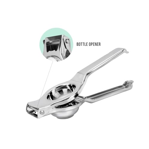 Image of 2-in-1 Stainless Steel Lemon Squeezer with Bottle Opener | Manual Citrus Juicer | Food Grade Rustproof Heavy Duty Lemon Press for Lemon & Lime | Easy Clean Kitchen & Bar Use | Silver