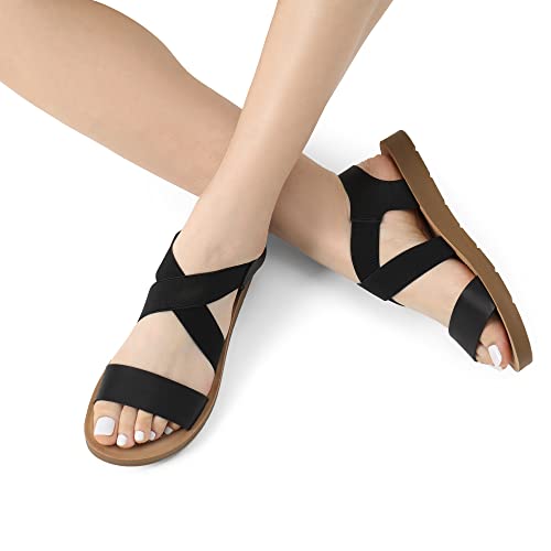 DREAM PAIRS DREAM PAIRS Women's Open Toe Elastic Ankle Strap Flat Summer Sandals,Size 8,Black,ELENA-2