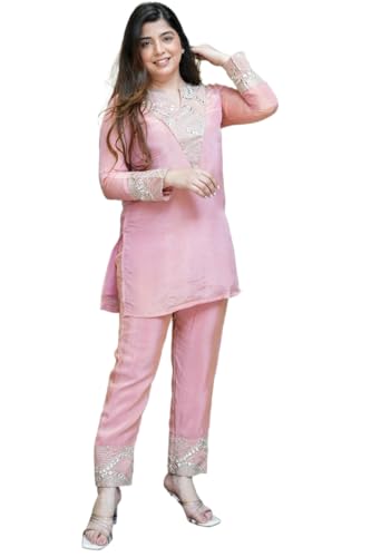 ONPEAK Women Mirror Work Kurti Pant Set Sequence Embroidered Ethnic Party Wear Outfit (US, Alpha, Small, Regular, Regular, Pink)