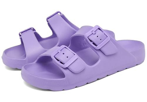 Inminpin Boys Girls Double Buckle Slide Sandals Comfort Beach Pool Shower Slippers Adjustable Indoor Outdoor Little Kid/Big Kid,Purple,2 Big Kid thumb #3