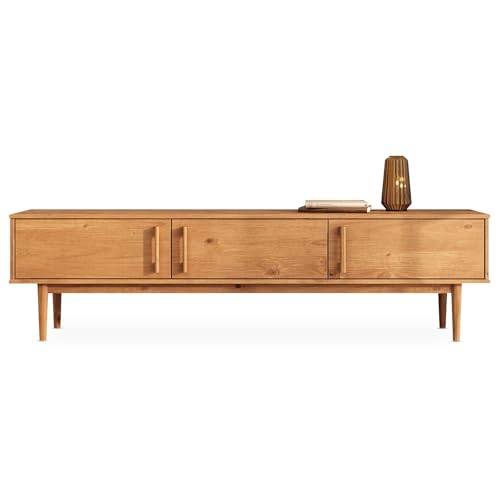 IDIMEX Meuble TV TECCA L 180 cm en Bois Massif Coloris Chêne avec 3 Portes, pour téléviseur jusqu'à 80