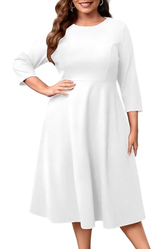Image of Runwind Women's Plus Size Midi Dress Classy High Waist Wedding Guest Dress Casual Crew Neck 3 /4 Sleeve A-Line Swing Dresses