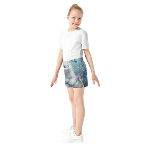 Girls Athletic Shorts Dreamy Kitten Hummingbird Flowers Shorts Colorful Animal Print Kids Summer Clothes, X-Small4