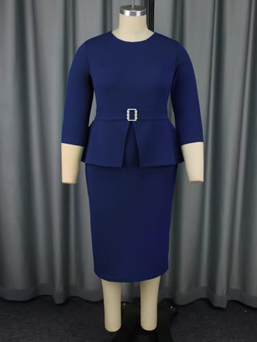Image of ONTINVA Plus Size Dress for Curvy Women Midi Church Wear to Work Bodycon Vintage Peplum 3 /4 Sleeve Sheath Pencil Dress