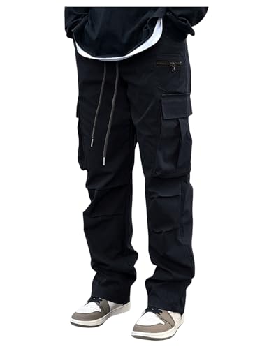 OYOANGLE Men's Drawstring Waist Cargo Pants Straight Leg Outdoor Hiking Trousers Streetwear
