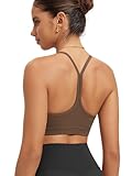 ODODOS Cloud Feeling Y Racerback Sports Bra for Women Wirefree Padded Strappy Yoga Bra, Brunette, Large