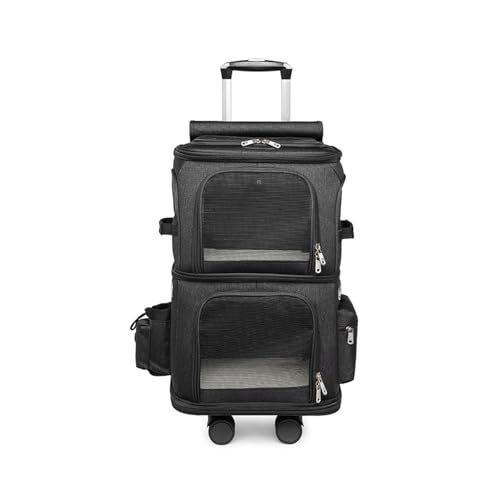 xixining 猫 2 匹 キャリー リュック キャスター付き 小型 犬 カート 2段式 ペット ネコ の トロリーバッグ 大容量 通気性 旅行/通院/交通機関/災害避難用 バック 車輪付き (ブラック,取り外し不可)