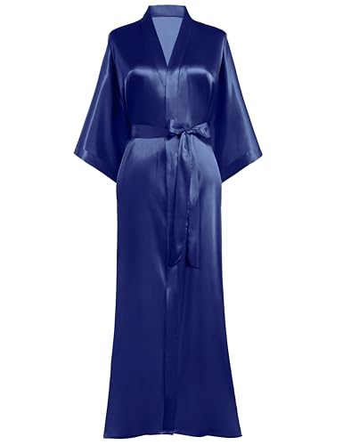 PRODESIGN Morgenmantel Damen Bademantel Satin Kimono Lang mit Gürtel Einfarbig Nachtwäsche Leicht...