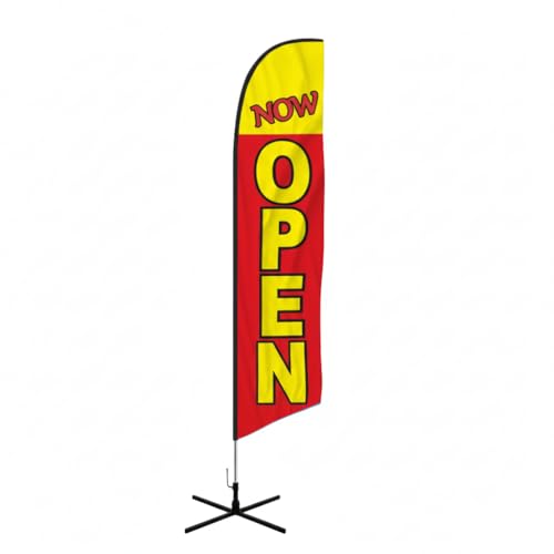 Image of The Flag Company Now Open Feather Flag 8ft Includes X-Base, Poles & Water Bag | Durable Advertising Flag for Businesses, Stores, Restaurants & Events