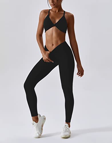 Image of ABOCIW Workout Sets for Women Twist Front Halter Sports Bras High Waist Legging 2 Piece Exercise Gym Yoga Outfit