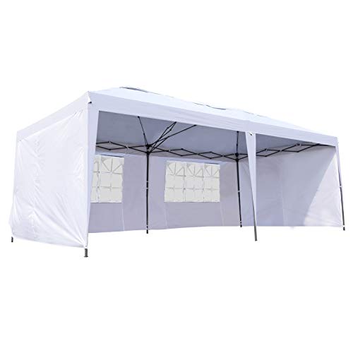 Outsunny Easy Pop Up Canopy Party Tent, 10 x 20-Feet, White with 4 Removable Sidewalls