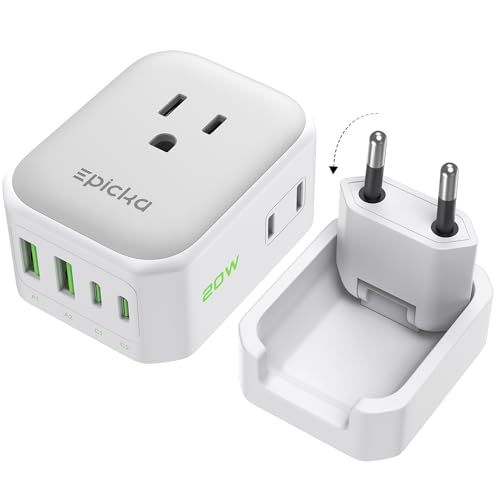 EPICKA Hybrid European Travel Plug Adapter, Foldable & Detachable Type C (EU) VisaPlug, 8-IN-1 International Power Adapter with 4 USB Ports (2 USB-C PD 20W) - Travel Essentials for US to Europe, White