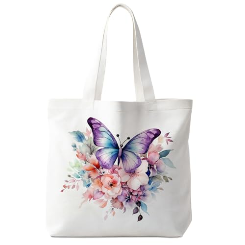 Yomisex Watercolor Floral Butterfly Canvas Tote Bag, Pastel Butterfly Tote Bag for Women, Aesthetic Colorful Flower Moth Reusable Shopping Grocery Bags
