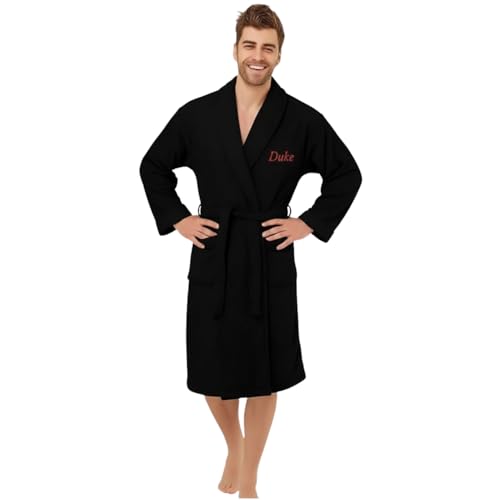 Personalised Dressing Gown – Luxury Cotton Bathrobe for Adult – Soft, Warm & Cozy – Custom Embroidered Name with Pocket – Gift for Every Occasion & Relaxing Spa Days – Black L/XL