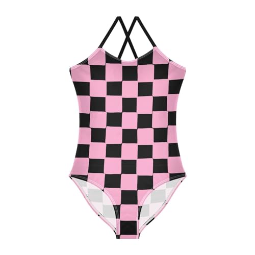 Pink Chessboard Black Girls One Piece Swimsuits Pink Sport Halter Swimwear Beach Bathing Suit 7-8T