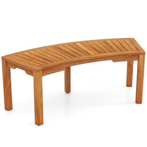 Tangkula Outdoor Curved Bench Acacia Wood Fire Pit Bench w/Slatted Seat Patio Backless 2-Person Seating for Porch Yard Garden 800 LBS Max Load Oil Painted (1 45)