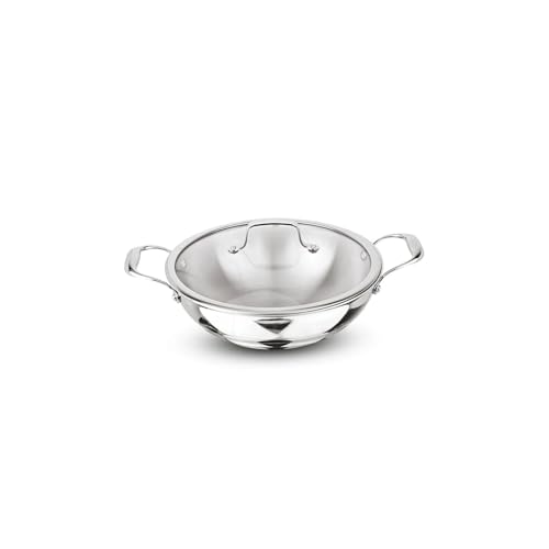 Image of Signoraware Artista Tri Ply Stainless Steel Shallow Kadhai 18cm with Glass Lid | Induction & Gas Compatible | Durable | Ideal for Stir Frying & Sauteing | Best for Curry & Gravies (1.2 LTR | Steel)