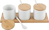 Fonteme Tarros de condimentos de 3 secciones, con cuchara y tapa, en una bandeja de bambú, ideales para salsas, dulces del tamaño de un bocado y aperitivos