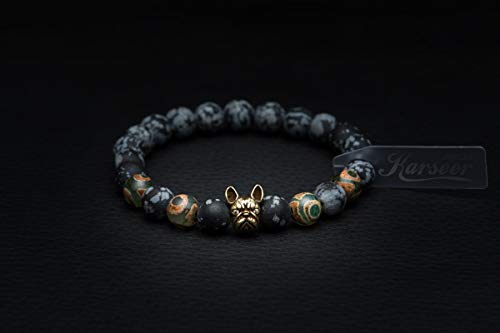 Karseer 8Mm Real Snowflake Obsidian Beaded Bracelet With French Bulldog Mascot Theme And Natural Dzi Agate Meditation Gemstone Beads Anxiety Healing Crystal Bracelet Dog Lover Friendship Gift Unisex #TOP3