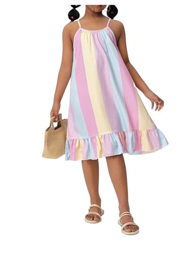 Girl's Striped Color Block Ruffle Dresses Sleeveless Summer Cami Short Dress Flowy Sundress