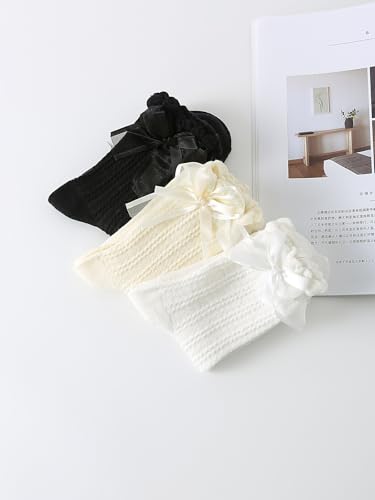 Yawlsow 3 Pairs Women Ruffle Frilly Socks, Cute Lettuce Edge Ankle With Lace Bow, Cotton Breathable Crew, Soft Knit Lolita Princess for Girls2