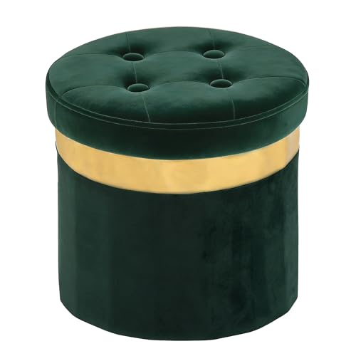 xuperbonus Small Ottoman with Storage Folding Round Ottoman with Gold Trim Velvet Storage Stool Foot Stool with Soft Padded Foot Rest for Living Room13x13x12.4(Green 1pcs)