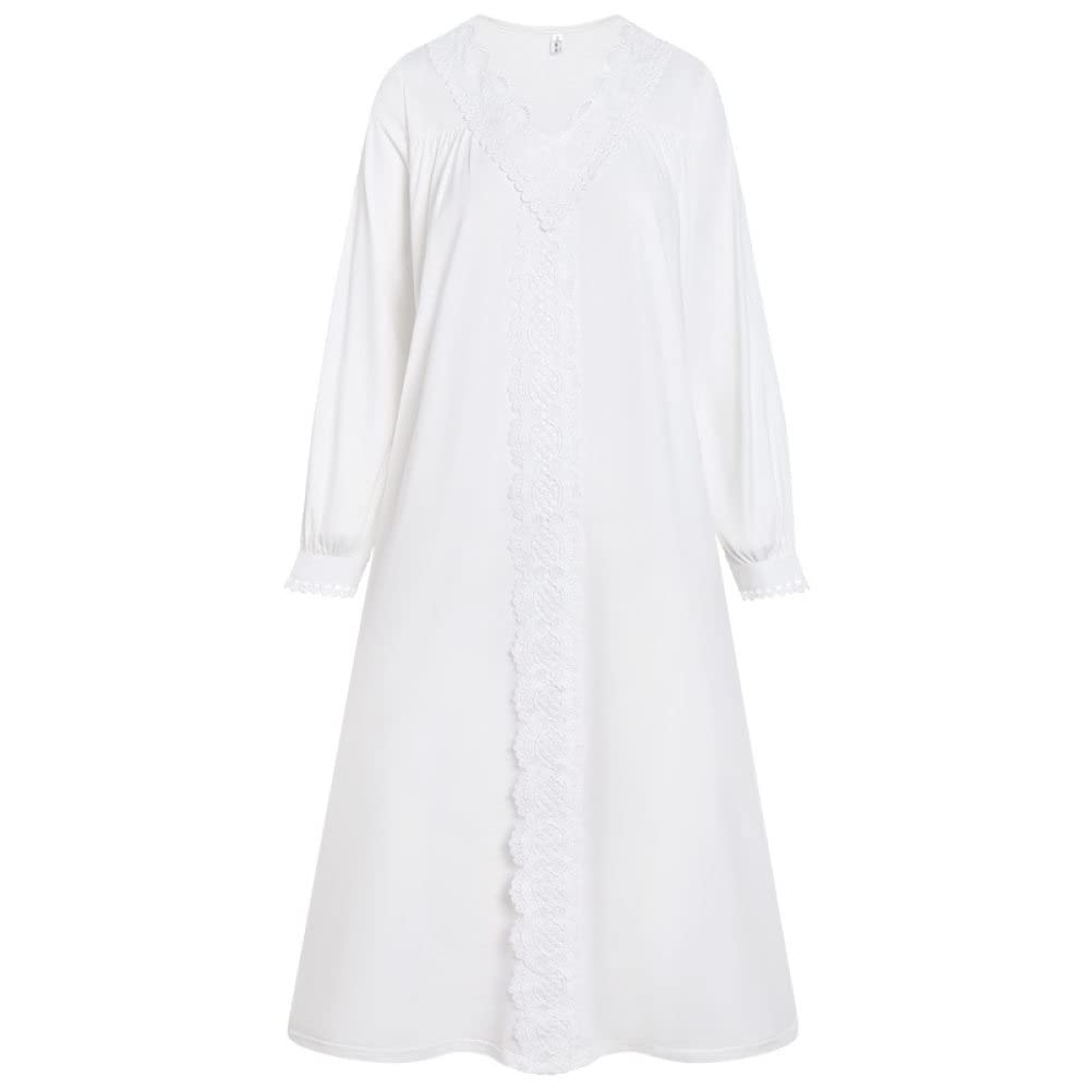 Nachthemd Damen Sexy,Damen-Nachthemden, Vintage-Weiß, V-Ausschnitt, Spitzenmanschetten, Perlenknöpfe, Elegantes Schlafhemd, Weiches, Bequemes, Langärmliges Nachthemd, Loungewear Für Damen, Mädc