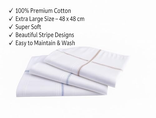 Image of Premium 100% Cotton Handkerchiefs for Men, 48 x 48 cm, Large Size Rumal Napkins, White & Multicolor Stripes