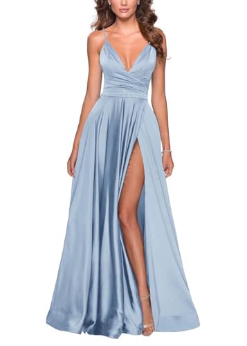 Image of Tvuyet Satin Bridesmaid Dresses with Slit Pleated A Line Spaghetti Straps Formal Prom Evening Gowns