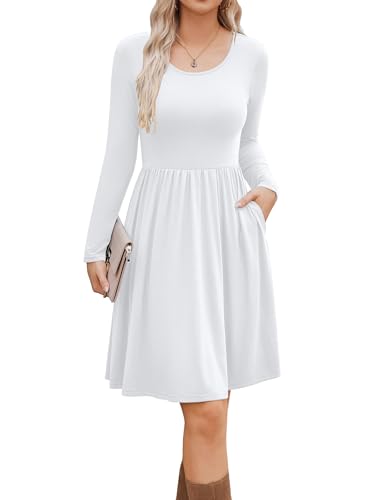 Zeagoo Kleider Damen Langarm Freizeit Kleider Einfarbig Herbstkleid Rundhals Midi Kleid Lose A-Linie Kleider mit Tasche Weiß M