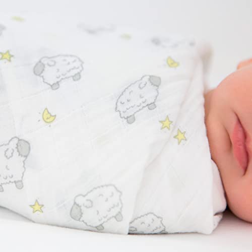 Image of SwaddleDesigns Muslin Swaddle Blankets, Swaddle Blanket for Baby Girl and Baby Boy, Little Lambs Goodnight, Sterling Gray & Pastel Yellow, Set of 3