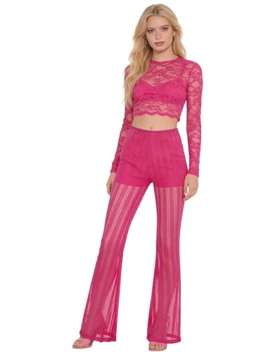 Pantalon évasé sexy en maille fine transparente avec taille haute extensible
